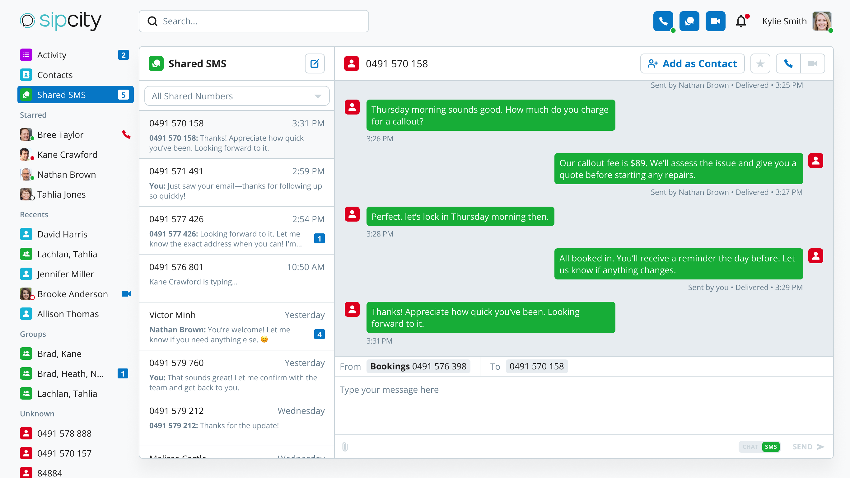 SIPcity shared SMS inbox showing team conversations