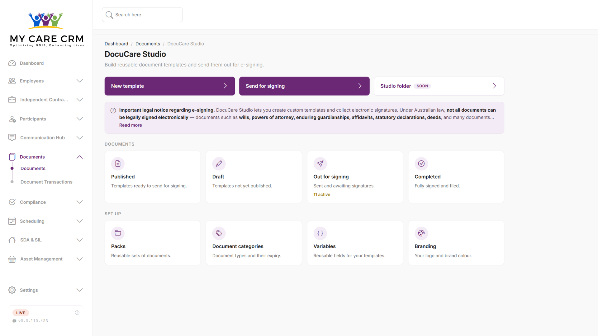 DocuCare Studio interface inside My Care CRM: create new templates, send for signing, and track Published, Draft, Out for signing and Completed documents, with packs, categories, variables and branding setup.