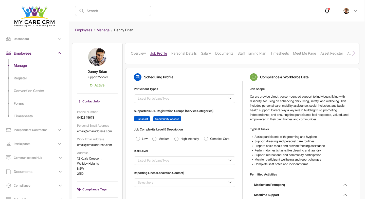 My Care CRM Employee Module - Back Office Dashboard